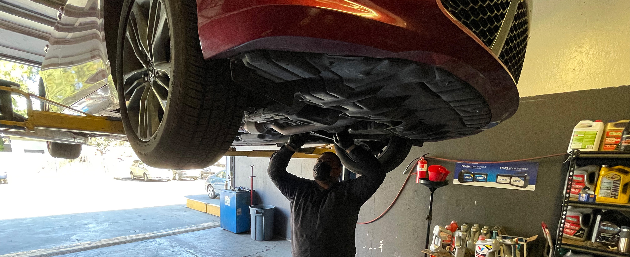 Brakes, shock absorbers, wheel balancing, tire rotation and new tires.